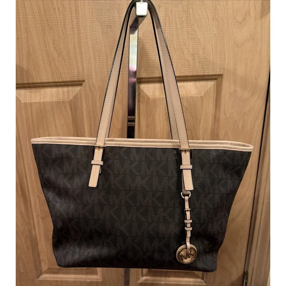 Michael Kors Jet Set Brown Logo Large Tote Gold Hardware.  Bag Charm.Zip Closure